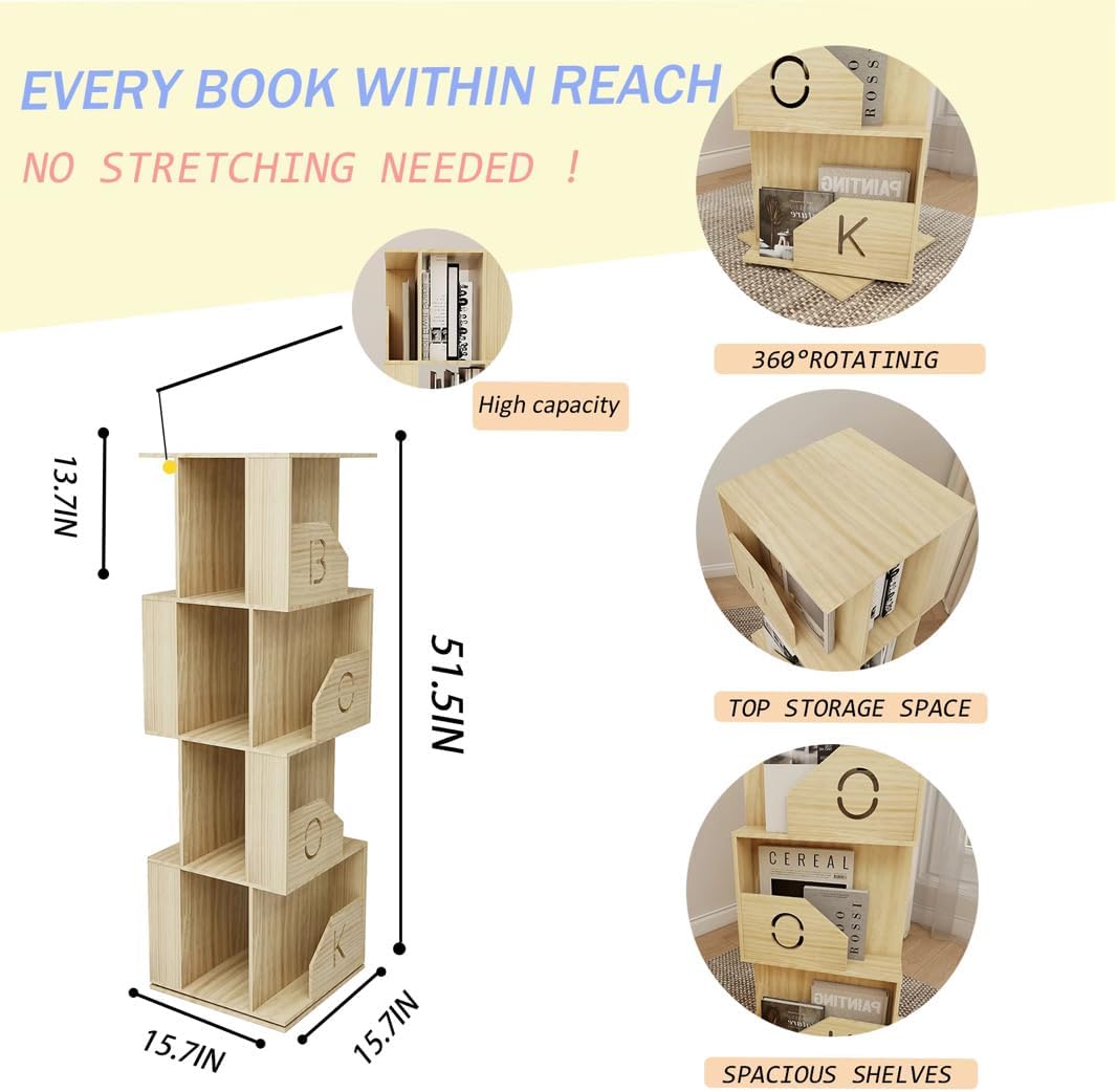 4 Tier Kids Rotating Bookshelf, Premium Pine Wood Space Saving Bookshelf Holds 100+ Books, 360° Spinning, Great for Larger Reads in Kids’ Room, Living Room & Office, Easy to Assemble