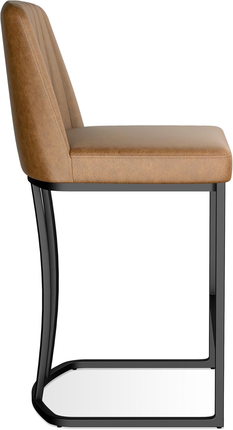 Counter Height Bar Stools Set of 6, Upholstered Leather Barrel Barstools with Back and Metal Legs for Kitchen Island, 27.4" Seat Height, Fabric in Faux Leather, Rustic Brown