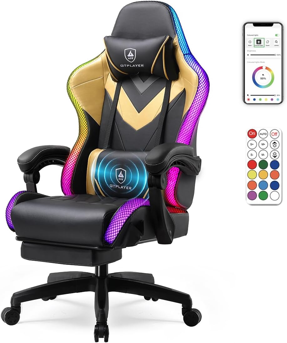 GTPLAYER Gaming Chair, RGB Gaming Chairs with LED Lights, Video Gaming Chair for Adults, Ergonomic Computer Gaming Chair with Linkage Armrest, Reclining Chair with Headrest (with Massage, Yellow)