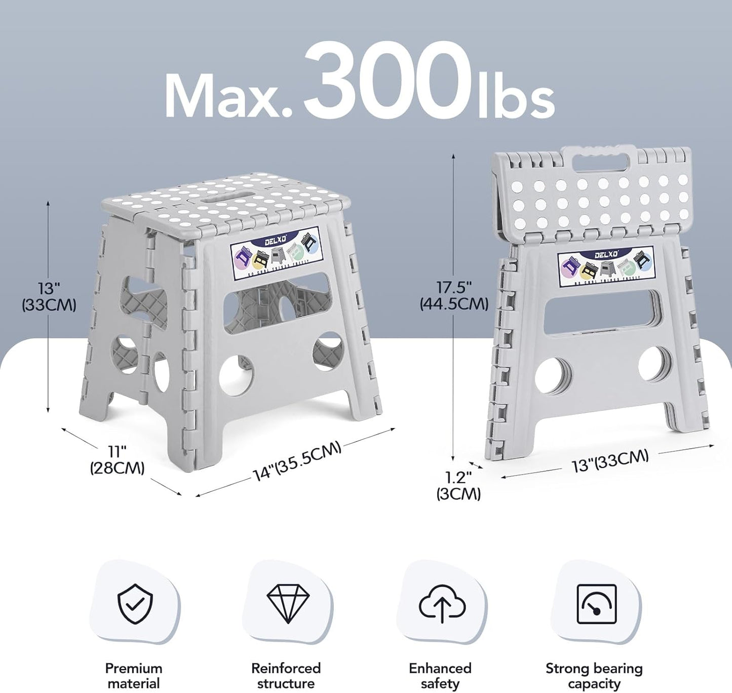 Delxo Folding Step Stool, 13 inch Non-Slip Foldable Stools Up to 300 LBS, Step Stool with Handle, Lightweight for Kitchen, Bathroom, Bedroom, Garden, Grey, 1PC