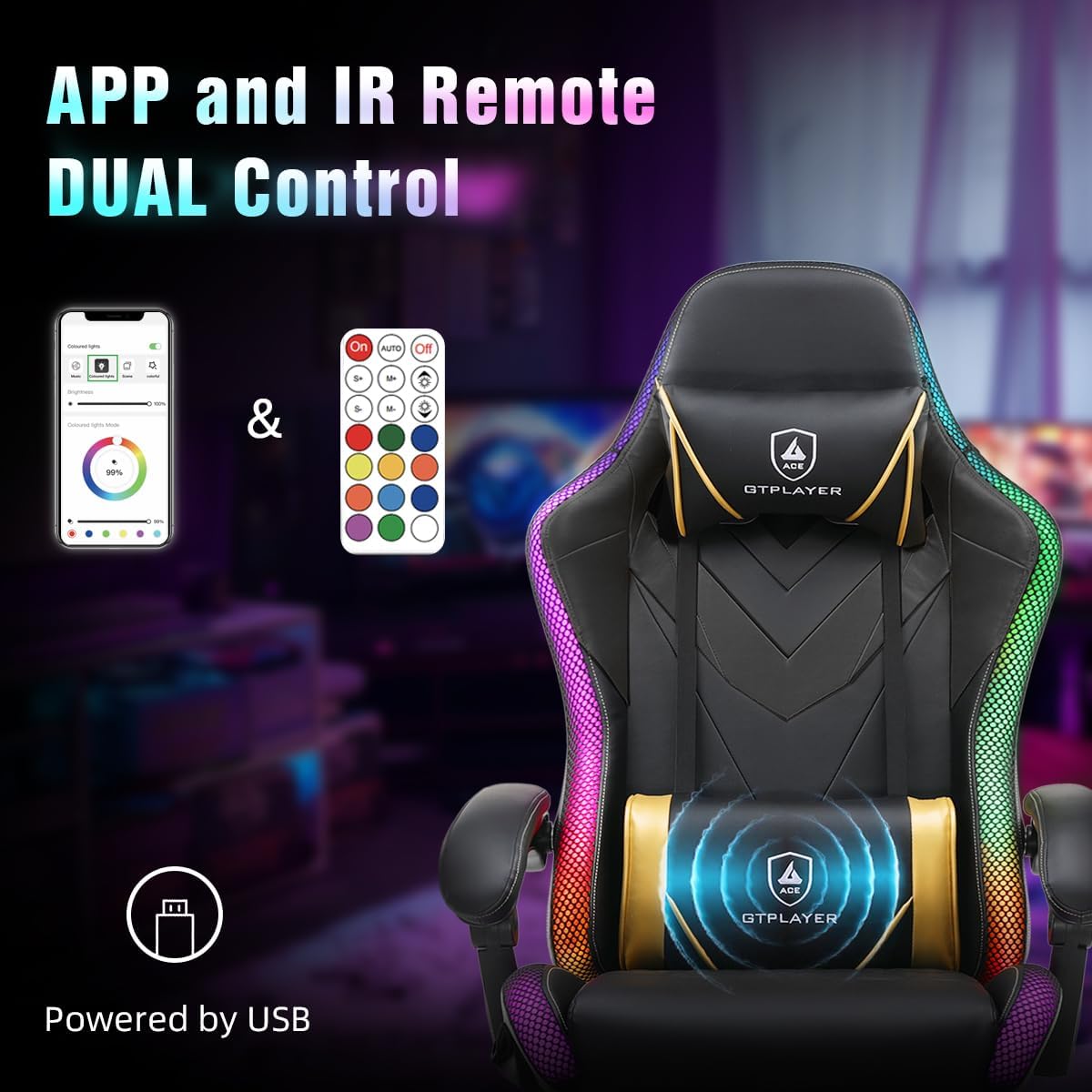 GTPLAYER Gaming Chair, RGB Gaming Chairs with LED Lights, Video Gaming Chair for Adults, Ergonomic Computer Gaming Chair with Linkage Armrest, Reclining Chair with Headrest (with Massage, Black)