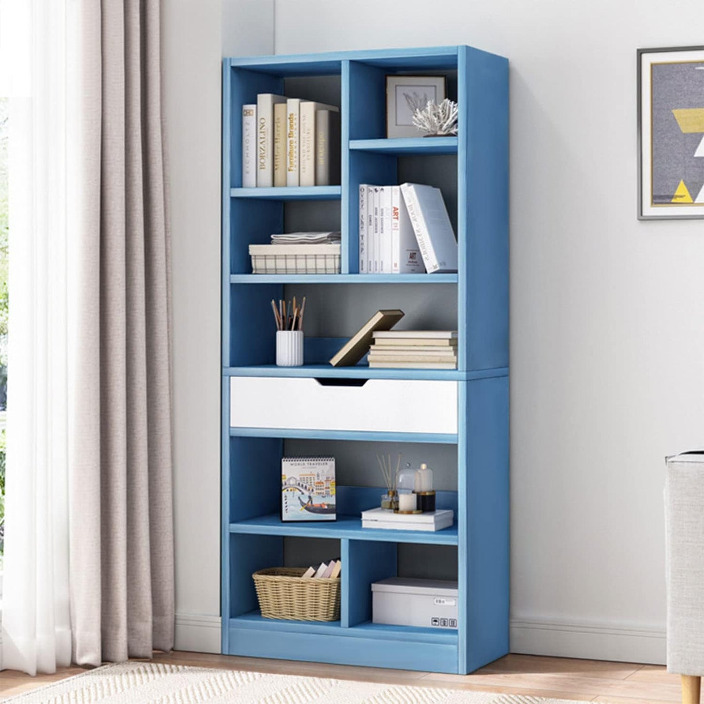 IOTXY Wooden Open Shelf Bookcase - 61" Height Freestanding Display Storage Cabinet Organizer with 8 Cubes and a Drawer, Floor Standing Bookshelf, Blue