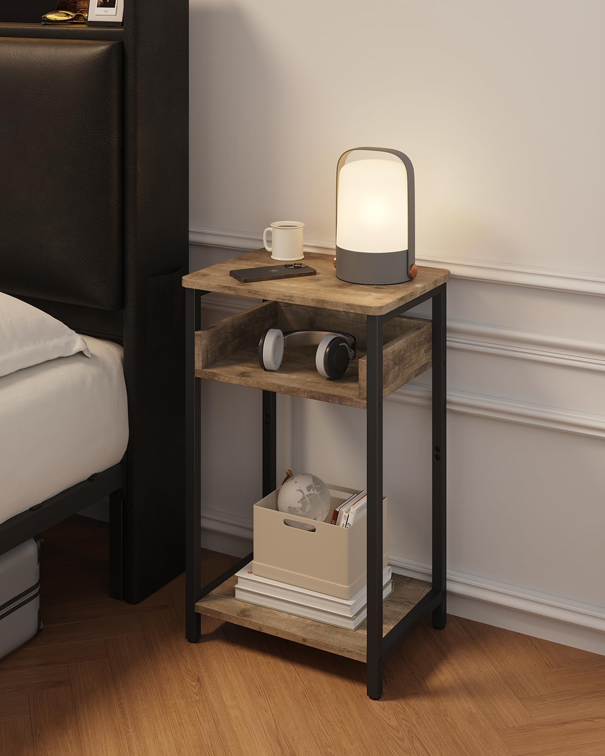 Side Table, 25 inch High End Table, Small Bedside Table for Living Room, Bedroom and Office, Greige & Black