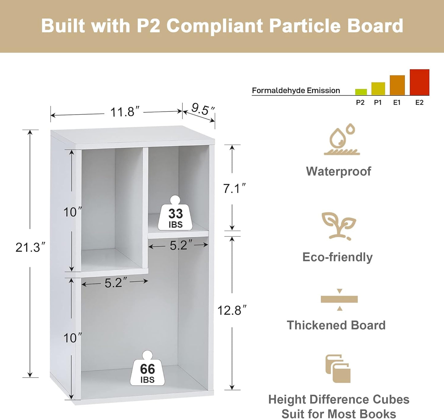 VECELO Small White Bookshelf, 3 Cube Shelf, Fits Tallest Hardcovers, Horizontal Available, Modern Storage Organzier for Small Spaces, Kids, Pearl White