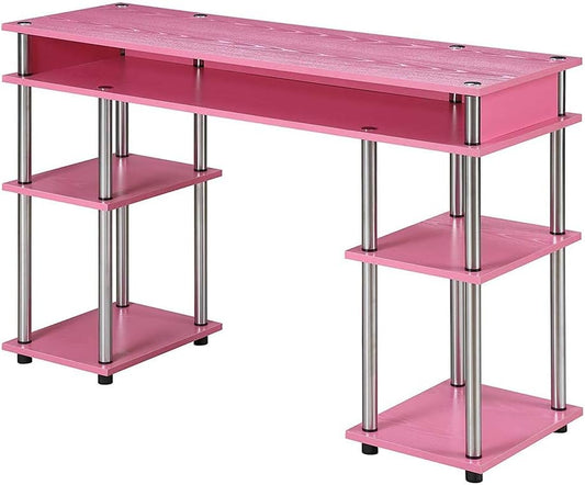 Convenience Concepts Designs2Go No Tools Student Desk 47.25" - Contemporary Office, Dorm Room Desk and Vanity with Storage Shelves, Pink