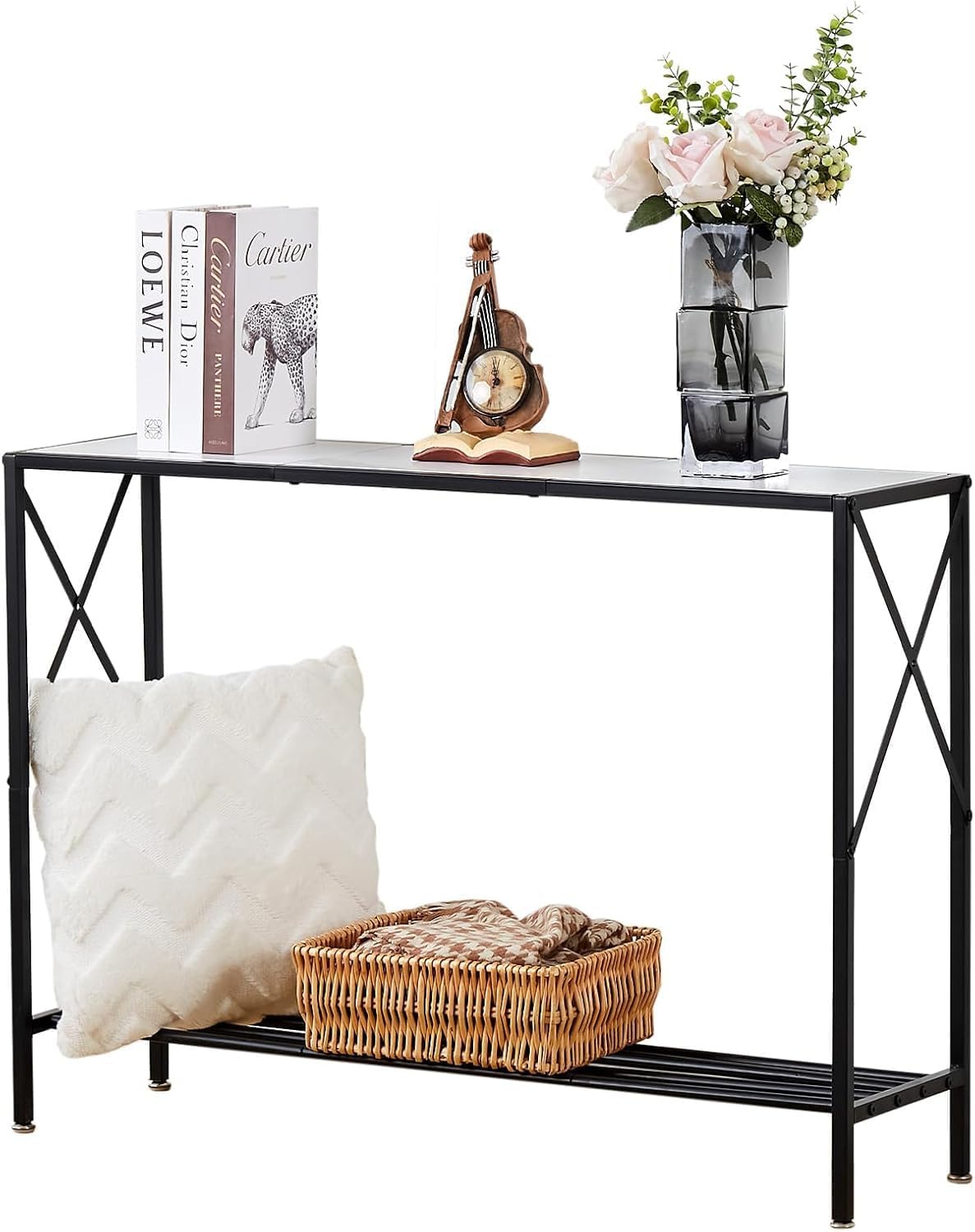 Wimarsbon Console Table,Multifunctional Sofa Side Table with Shelves,Behind Couch TV Tables with Metal Frame,Accent Display Stand for Hallway,Entrance (41.9" 2-Layer White Faux Marble + Black Frame)