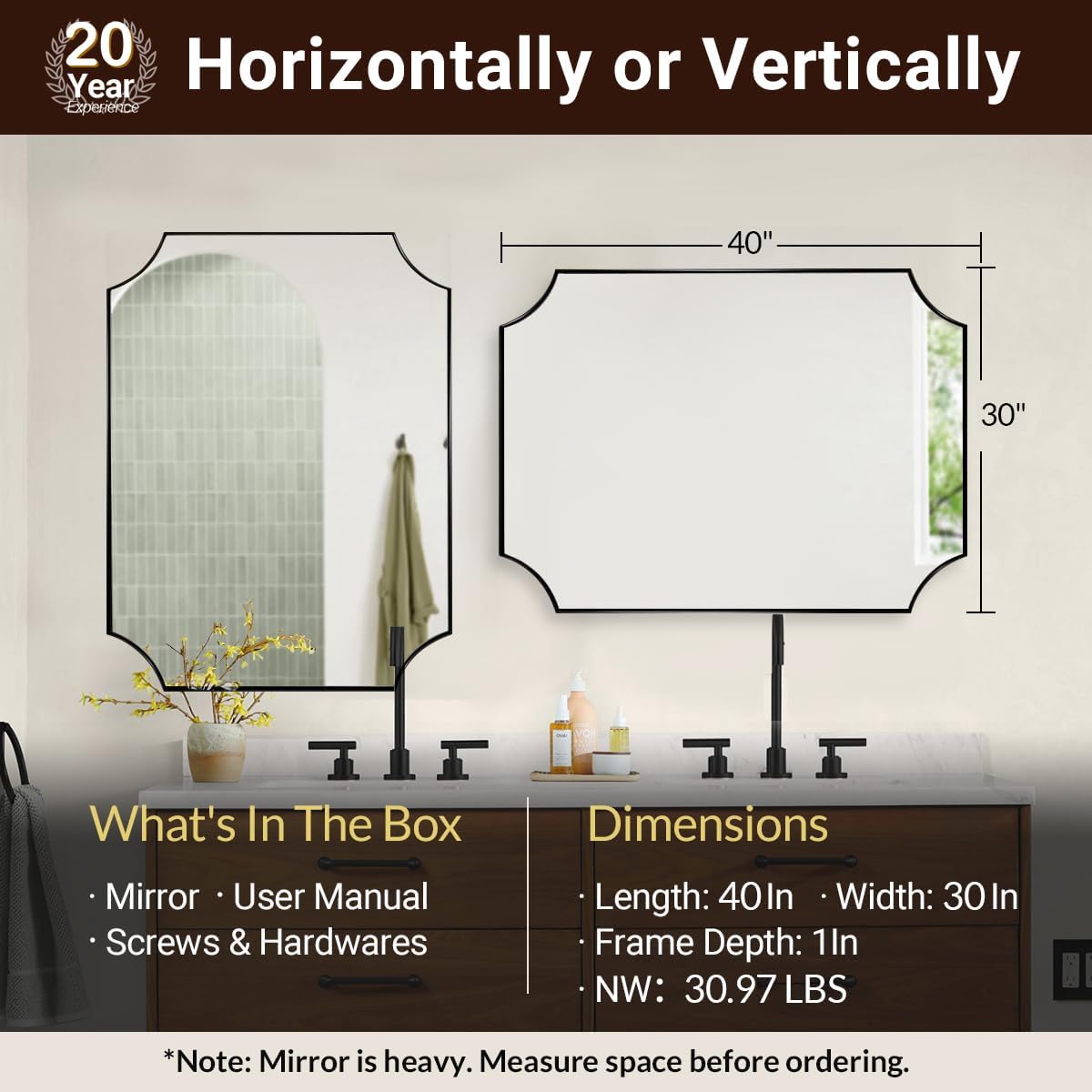 ANDY STAR 30x40 Inch Bathroom Mirror, Black Bathroom Mirror for Over Sink, Unique Rectangle Wall Mirror, Matte Black Framed Rectangular Mirror with Scalloped Edges, Ideal for Home Decor