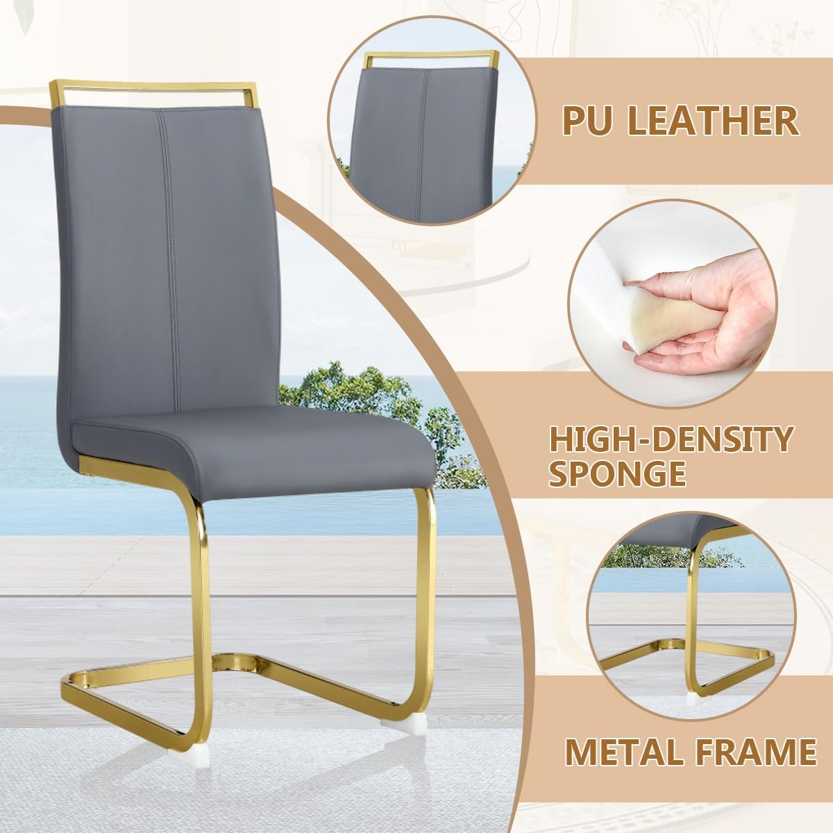 Dining Chairs Set of 2, Faux Leather Dining Chairs with Plated Chrome Metal Frame, Modern Kitchen Chairs Set with Padded Seat High Back for Dining Room, Kitchen Room, Living Room.