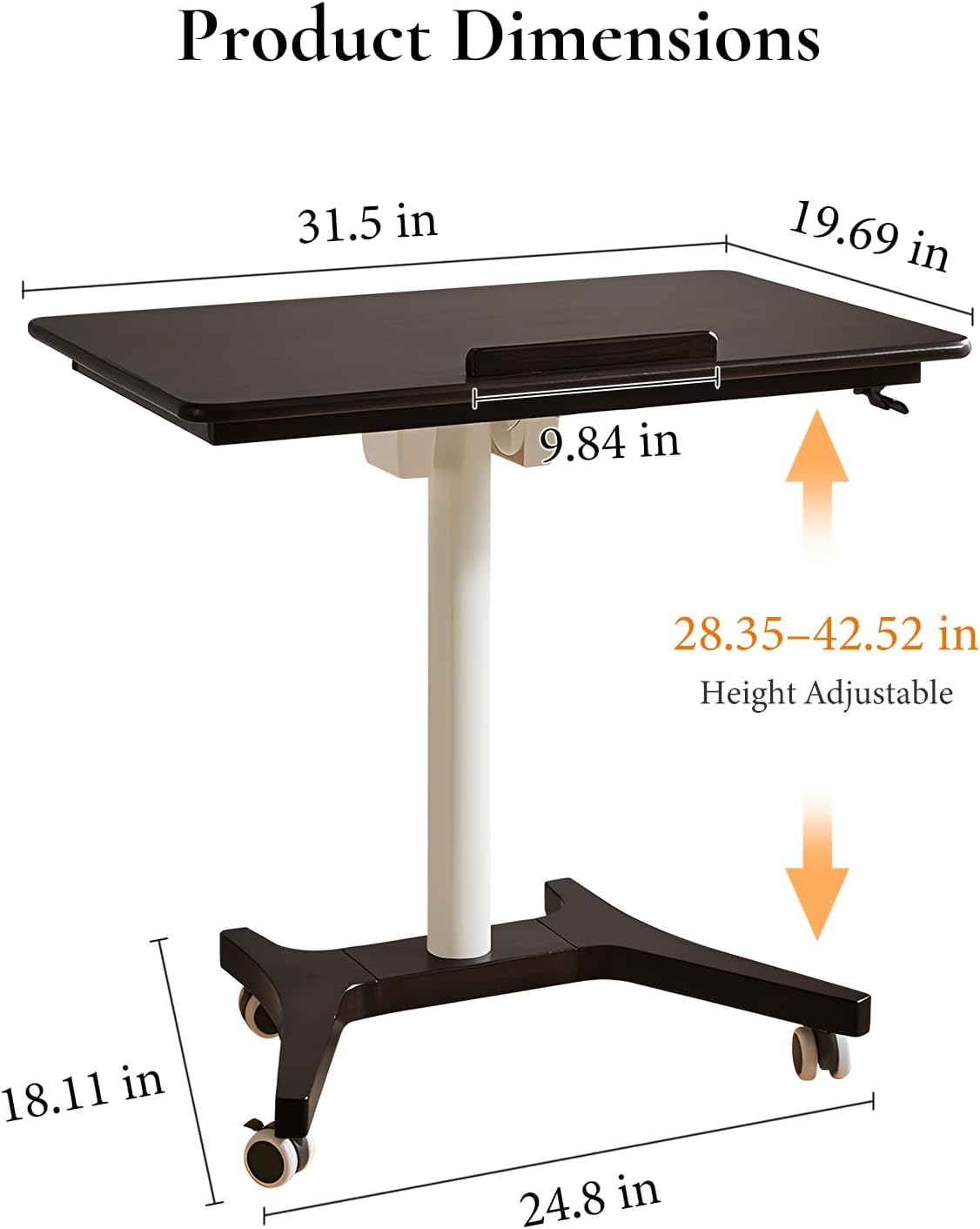 Adjustable Computer Desk, Solid Wood Folding Desk with Wheels, Mobile Home Office Laptop Table, Sit Stand Workstation, Rolling Desk, 28.35-42.52 H x 31.5 W x 19.69 D Inches, Black