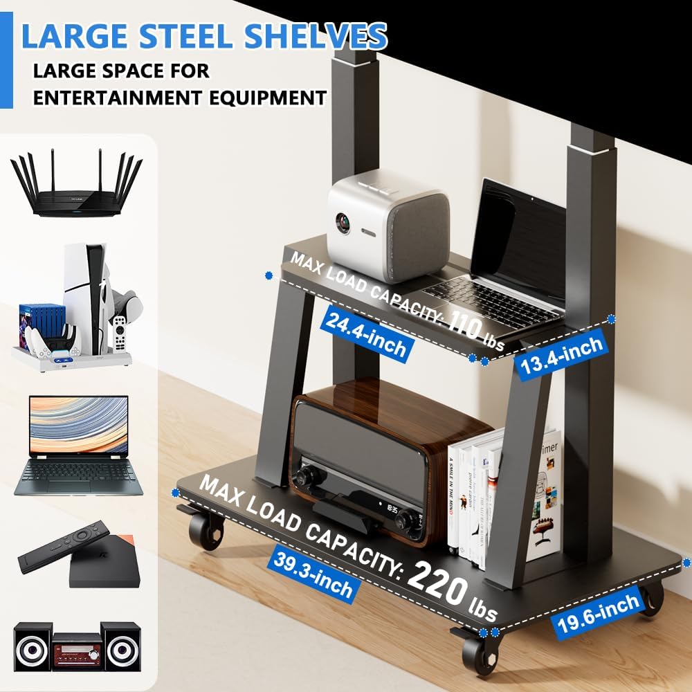 Mobile TV Cart Rolling TV Stand for 42 to 55 65 70 75 85 86 90 100 inch Television Heavy Duty Portable TV Stand on Wheels, Height Adjustment, Holds Up to 180 LBS, Vesa 200×200-900×600mm