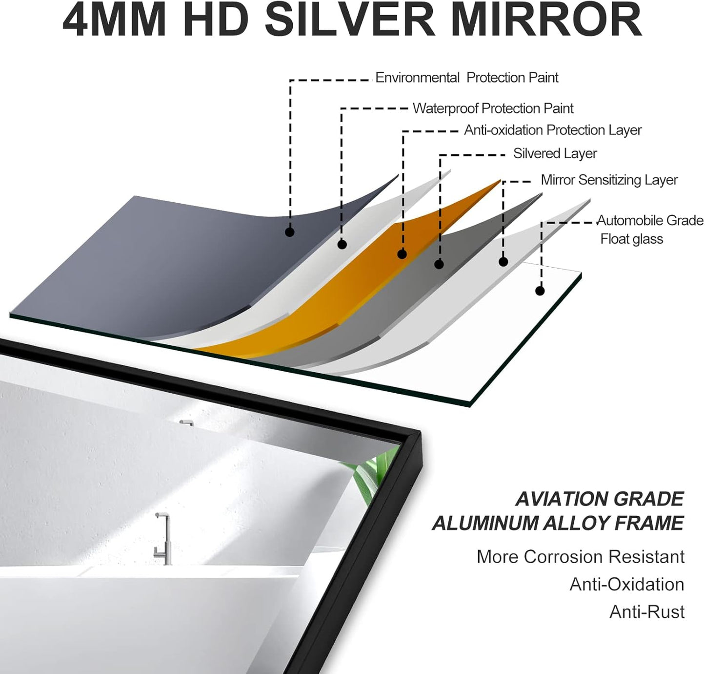 30x36 Inch Black Mirror with Beveled Trim, Aluminum Frame Bathroom Vanity Mirror, Copper-Free Mirror, Rectangle Wall Mounted Mirror, Modern Rectangular Mirror Horizontal or Vertical