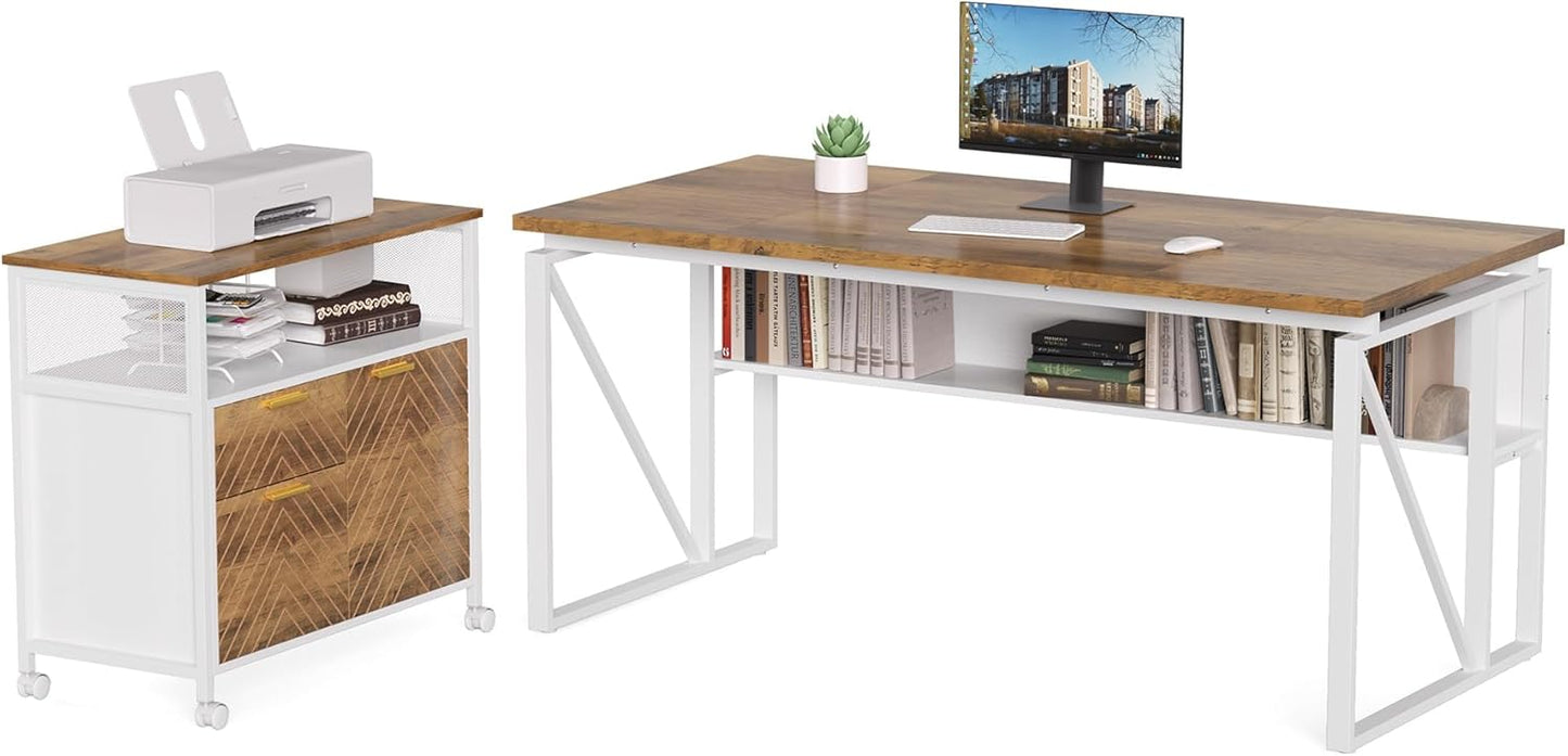LITTLE TREE 63-Inch Office Desk with 31.5-Inch Lateral File Cabinet, Study Writing Desk Computer Desk for Home Office