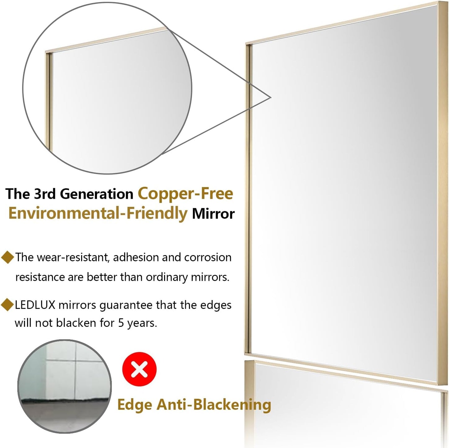 24x36 Inch Gold Bathroom Mirror - Copper-Free Mirror, Aluminum Alloy Frame Vanity Rectangle Wall Mounted Modern Mirror for Bedroom/Living Room/Porch Horizontal or Vertical