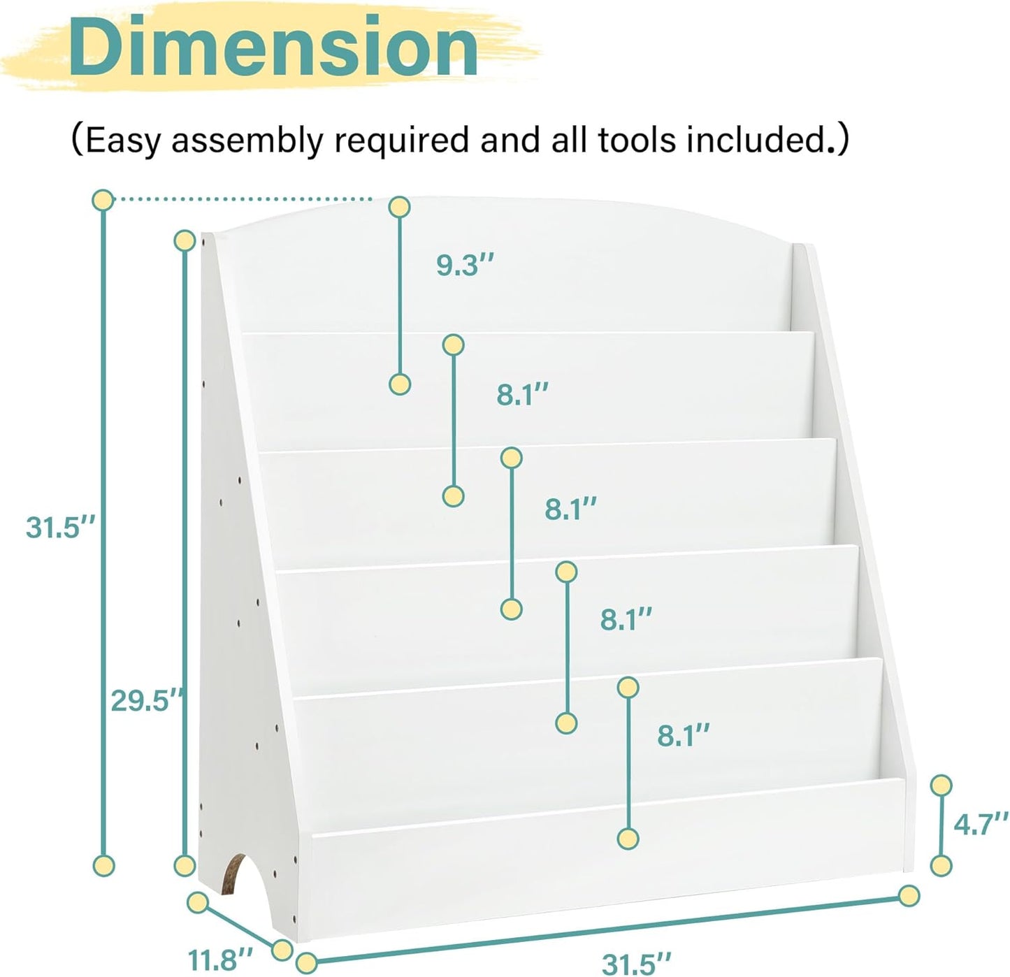 TOETOL 5-Tier Kids Bookshelf - Toddler Book Display Shelves for Classrooms, Playrooms, and Nursery - Wooden Children Book Rack (White)