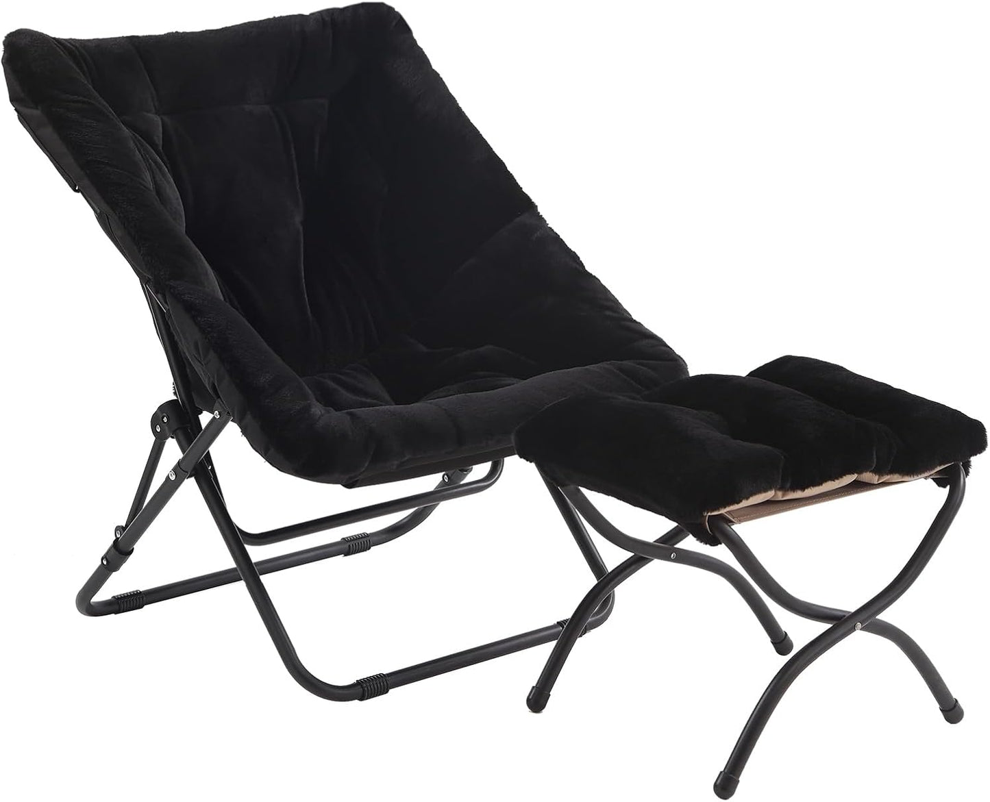 Tiita Folded Chair with Ottoman, Soft Faux Fur Oversized Folding Accent Chair,Lounge Lazy Chair, Metal Frame Moon Chair for Bedroom, Living Room, Dorm Rooms, Garden and Courtyard
