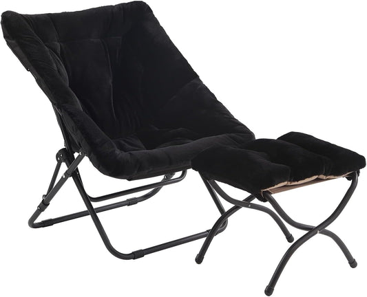 Tiita Folded Chair with Ottoman, Soft Faux Fur Oversized Folding Accent Chair,Lounge Lazy Chair, Metal Frame Moon Chair for Bedroom, Living Room, Dorm Rooms, Garden and Courtyard