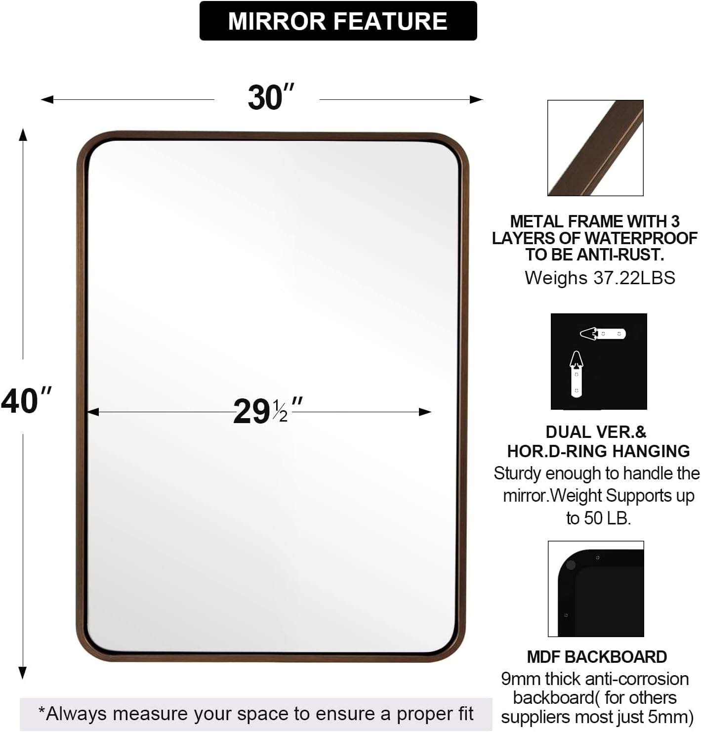 ANDY STAR Bronze Bathroom Mirror 30X40, Large Brushed Bronze Mirror for Wall, Rounded Rectangle Mirror Oil Rubbed Bronze, Bronze Vanity Mirrors in Metal Frame Hangs Horizontal Or Vertical