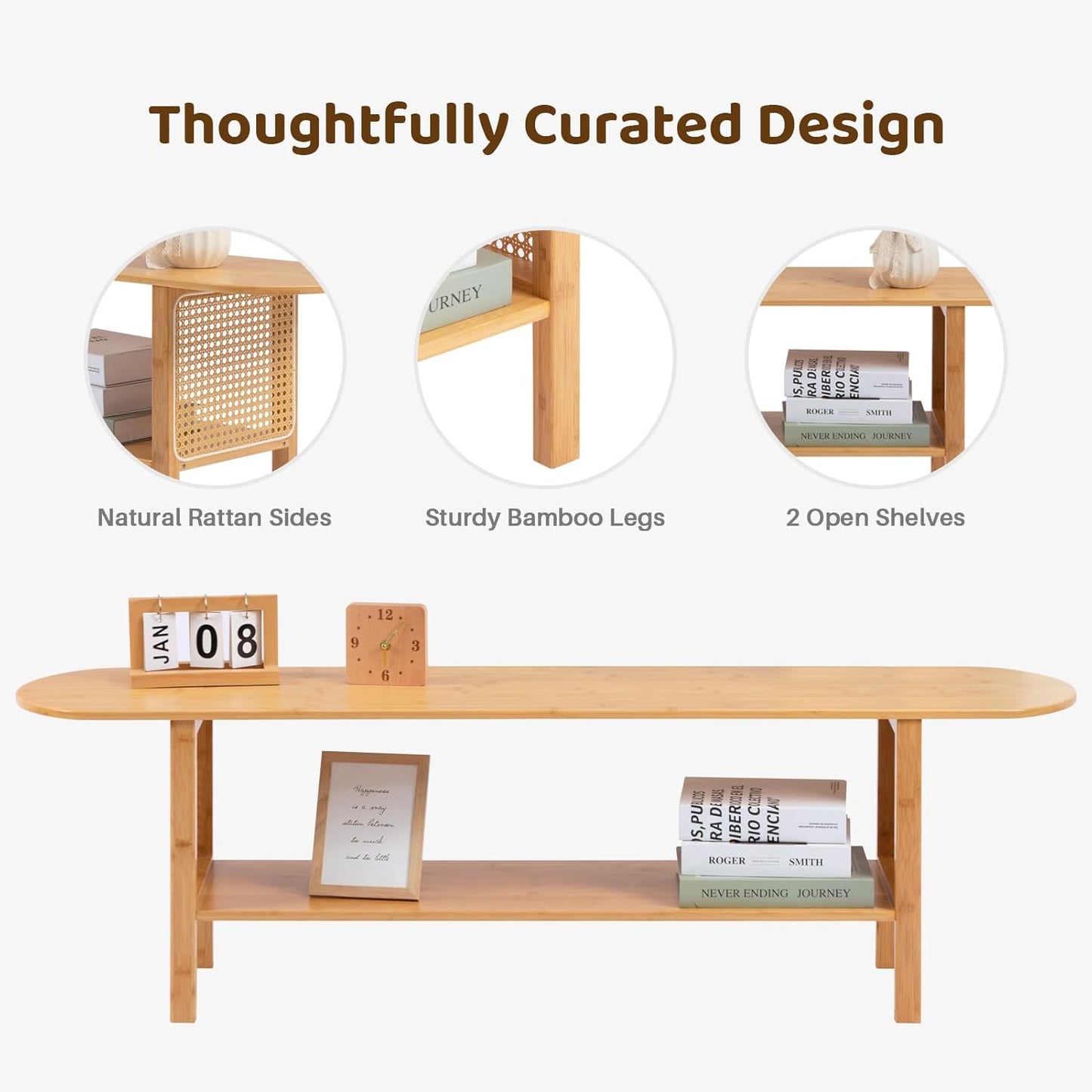 HollyHOME Bamboo TV Stand with Storage for TVs up to 65", Modern Entertainment Center with Rattan Side, Accent TV Table with 2 Shelf, Media Console TV Stand for Living Room, Bedroom, Burlywood