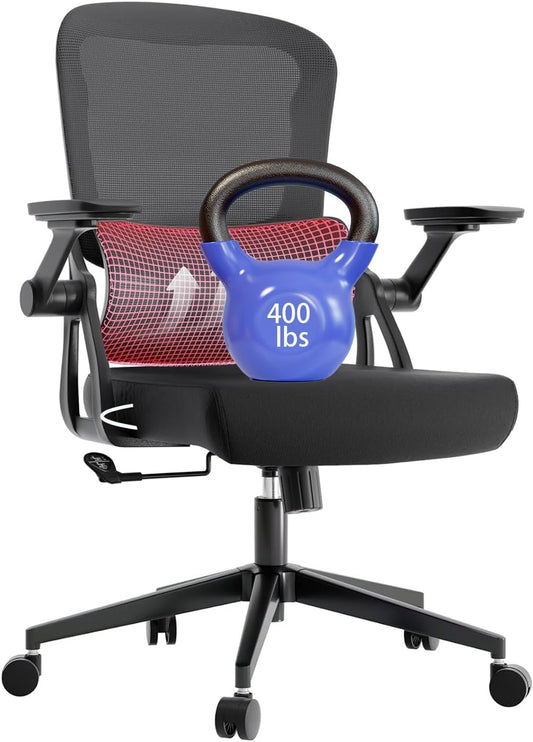 Big and Tall Ergonomic Office Chair，400LB Comfy Desk Chairs with Lumbar Back Support, Heavy Duty Mesh Computer Chairs with Wheels and Arms Comfortable for Home Office, Study, Bedroom