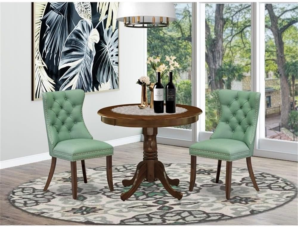 East West Furniture ANDA3-AWA-22 3 Piece Kitchen Table & Chairs Set Includes a Round Dining Table with Pedestal and 2 Polyester Fabric Upholstered Chairs, 36x36 Inch, Antique Walnut