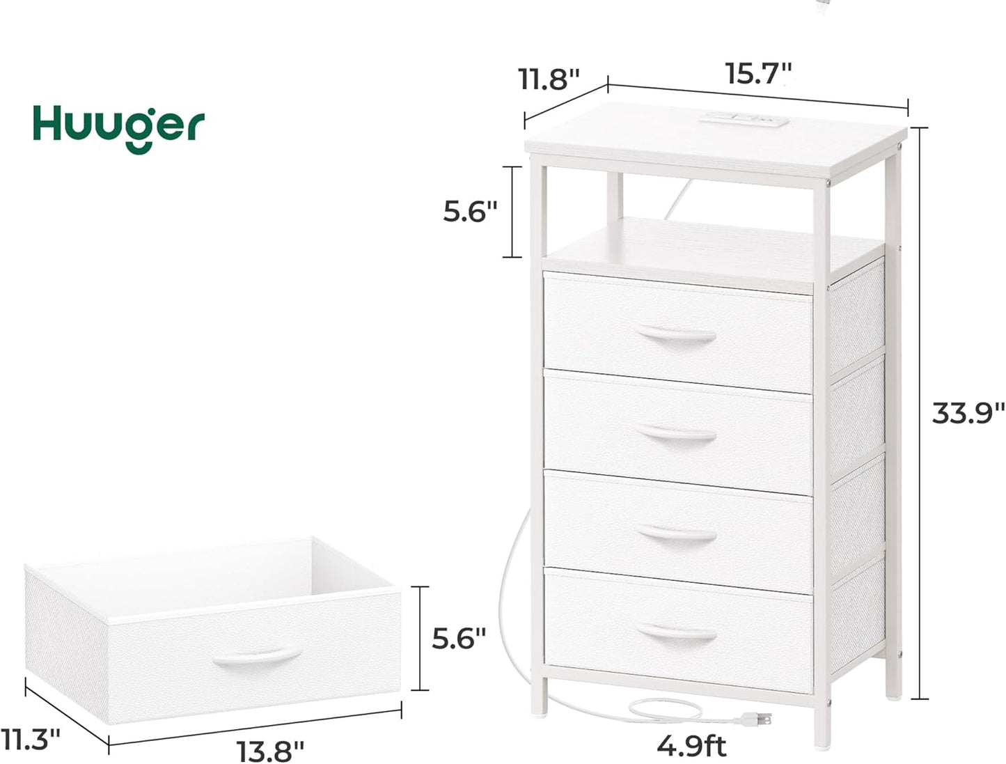 Huuger Night Stand with Charging Station, Multiple Drawer Dresser for Bedroom, Bedside Table, Tall Nightstand with PU Leather Finish, Open Shelf, End Table, for Closet, Entryway, Bedroom, White