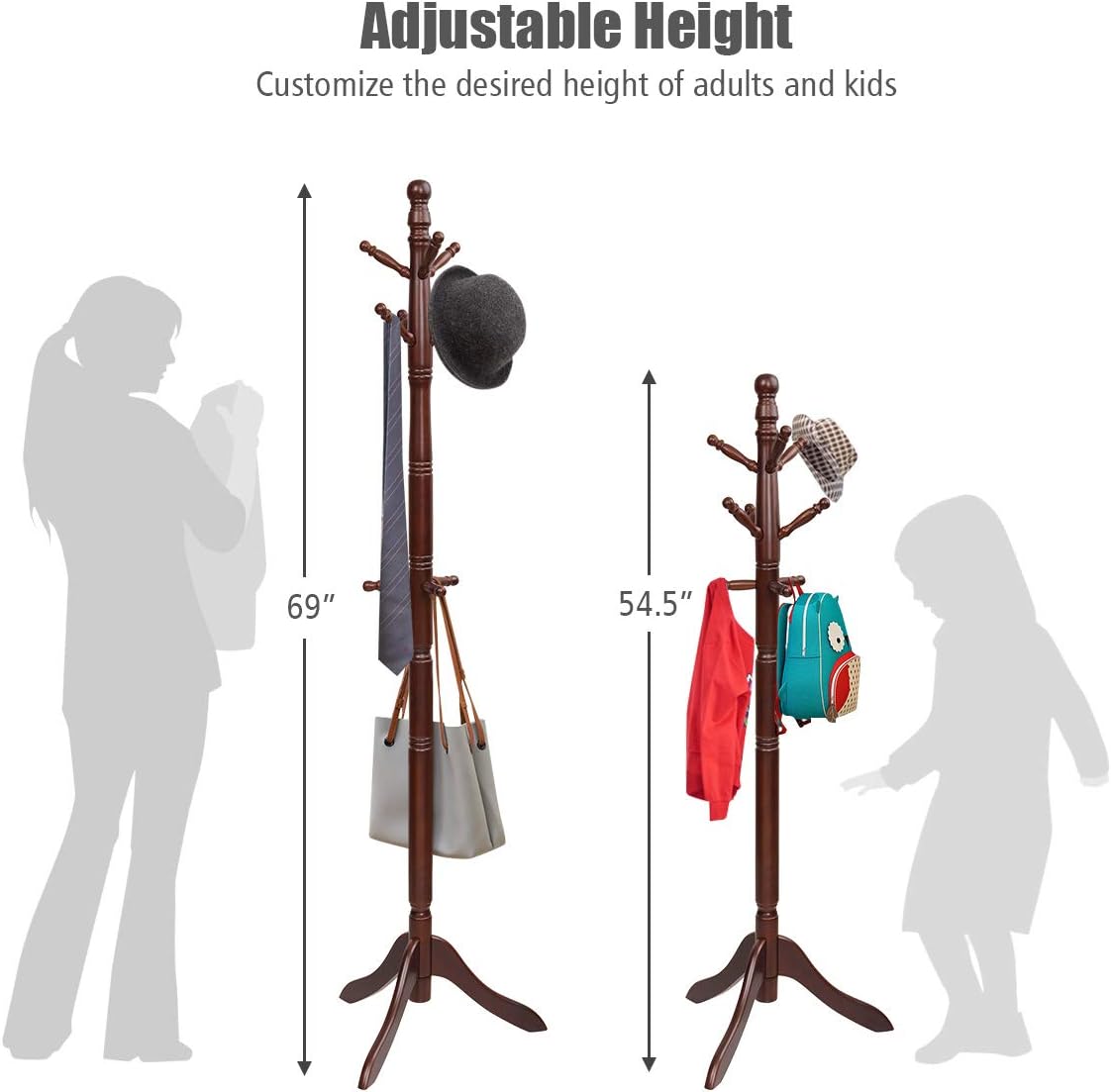 Tangkula Wood Coat Rack Freestanding, Entryway Height Adjustable Coat Stand with 9 Hooks & Stable Tri-Legged Base, Rubber Wood Coat Tree Hall Tree Coat Hanger Stand for Home Office Hall Entryway