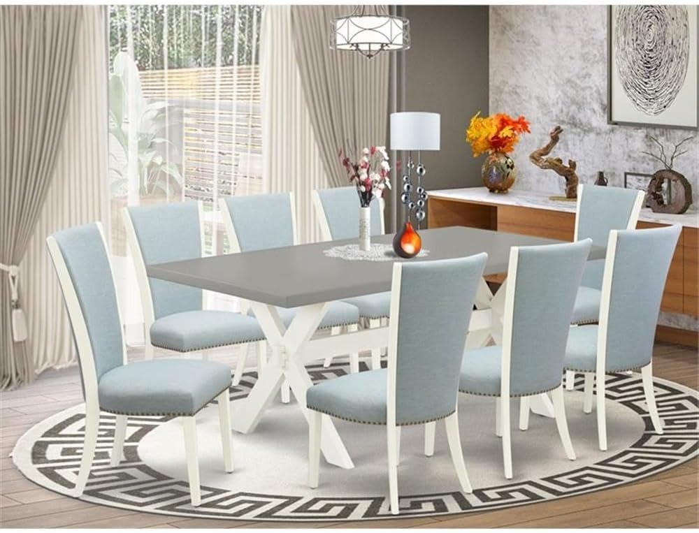 East West Furniture X097VE215-9 9 Piece Dining Room Set Includes a Rectangle Dining Table with X-Legs and 8 Baby Blue Linen Fabric Upholstered Chairs, 40x72 Inch, Multi-Color