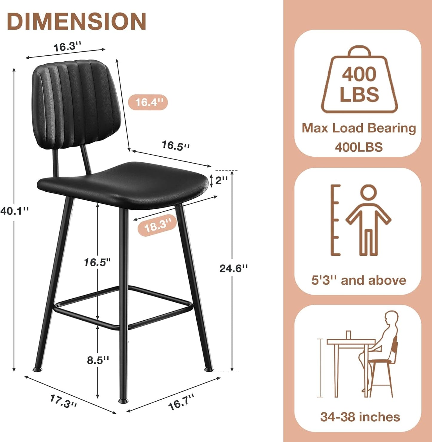 24-Inch Leather Bar Stools Set of 3, Counter Height Barstools with High Backrest，Bar Chairs for Kitchen Island with Heavy Duty Metal Legs, Black