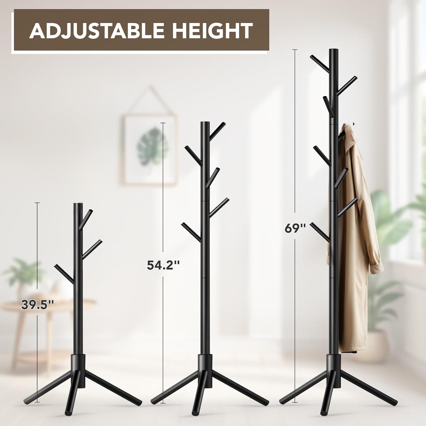 Wooden Tree Coat Rack Stand,Sturdy Freestanding Coat Rack with 8 Hooks,3 Adjustable Height for Child Adult,Wood Coat Stand Tree Fits Entryway Bedroom Office for Bags,Hats