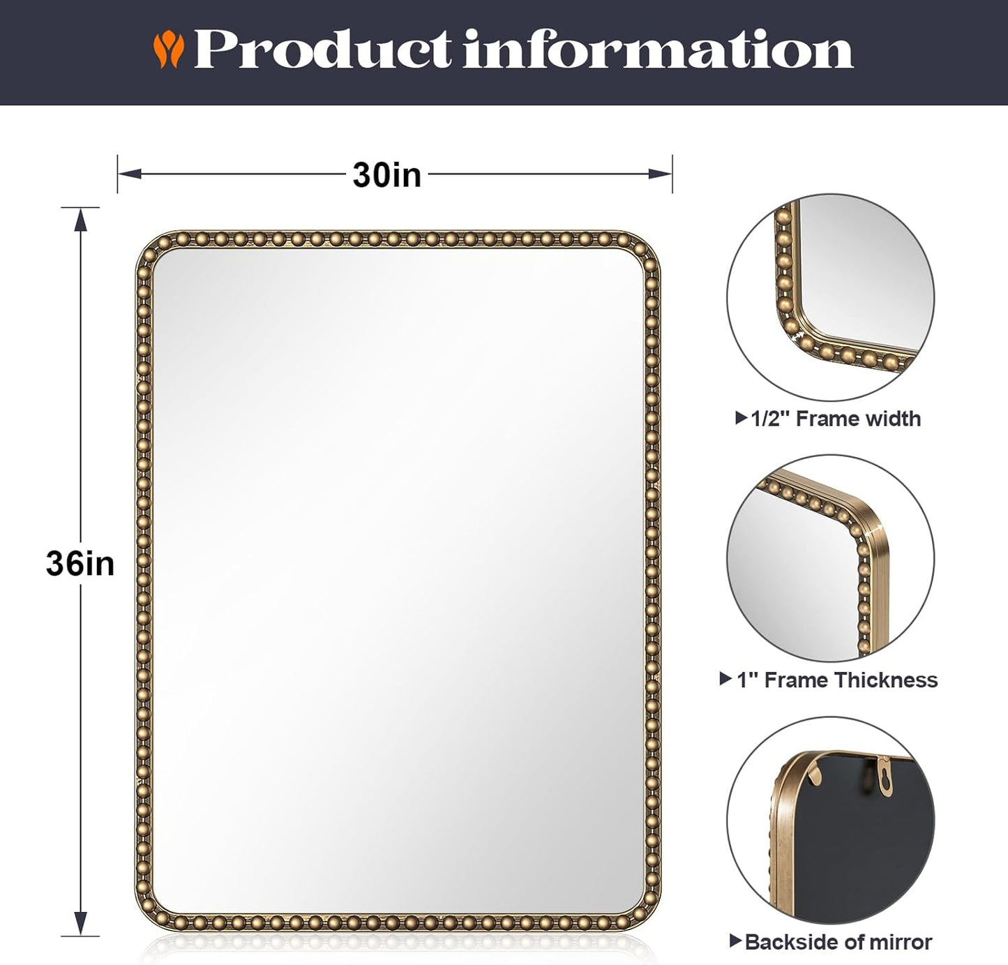 30"x36" Antique Brass Mirror with Beaded Frame for Bathroom, Champagne Bronze Mirrors for Bathroom, Antique Brass Metal Frame Wall Mirrors, Gold Beaded Mirror for Vanity Ornate Bedroom