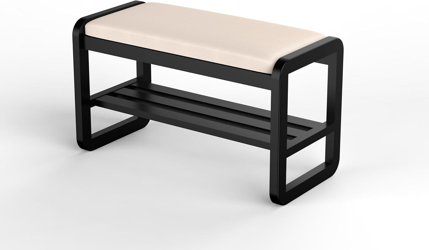 Solid Wood Shoe Rack, 2 Tier Shoe Storage Bench with Cushion Seat, 8 Pair Shoe Organizer for Entryway, Black, 32 Inch