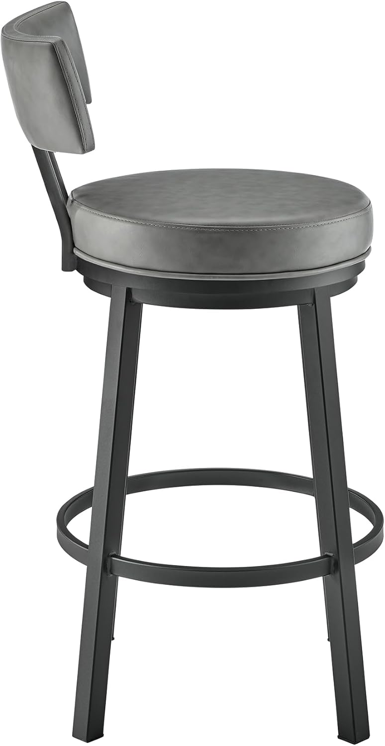 Armen Living Dalza Swivel Counter or Bar Stool in Black Finish with Grey Faux Leather