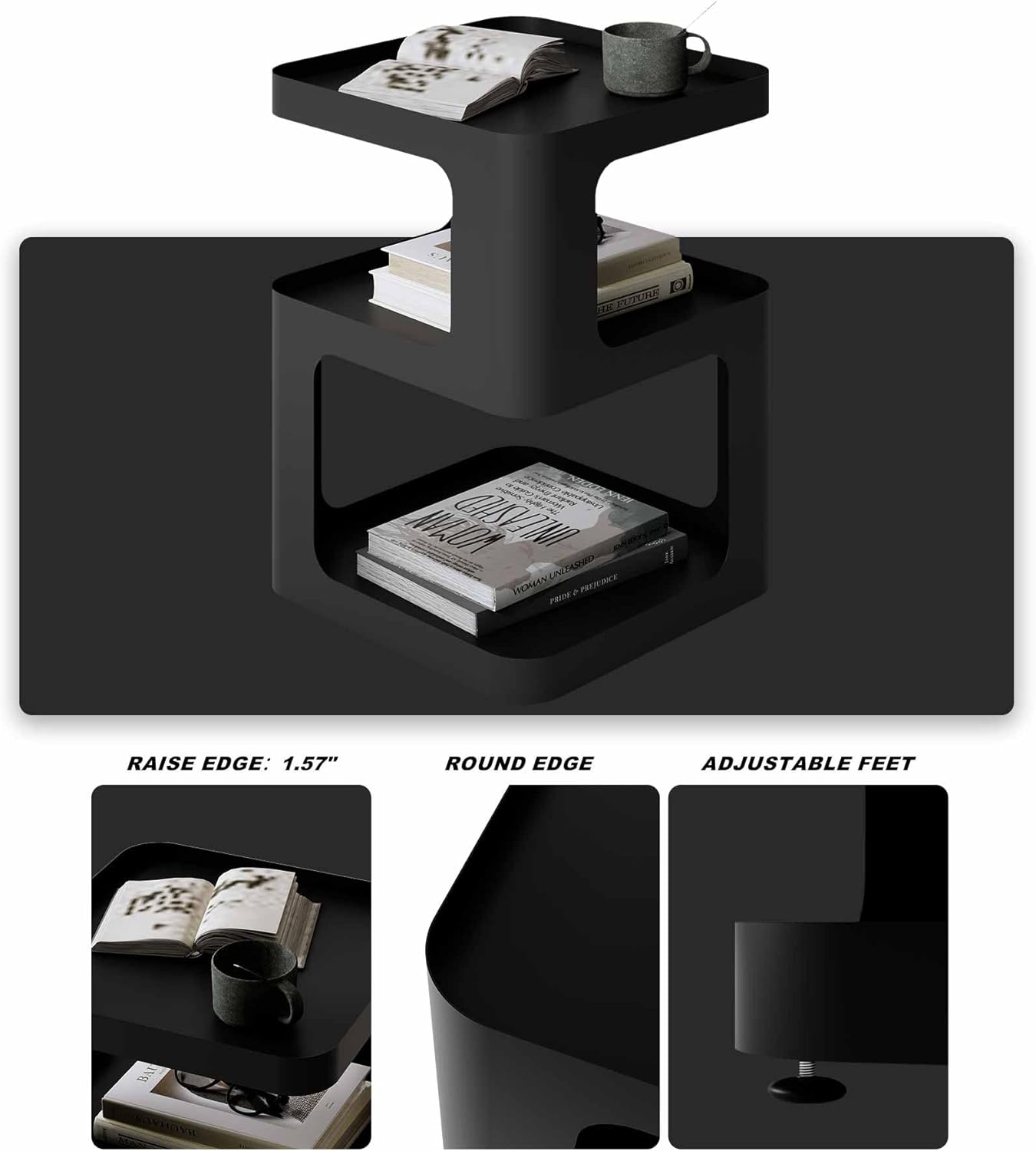 XIV Side Table, Small End Table, Modern Nightstand, Accent Bedside Table, 3 Tier Night Stands, Metal Bed Side Table for Living Room Bedroom Outdoor Entryway, No Assembly Required (Black, Square)