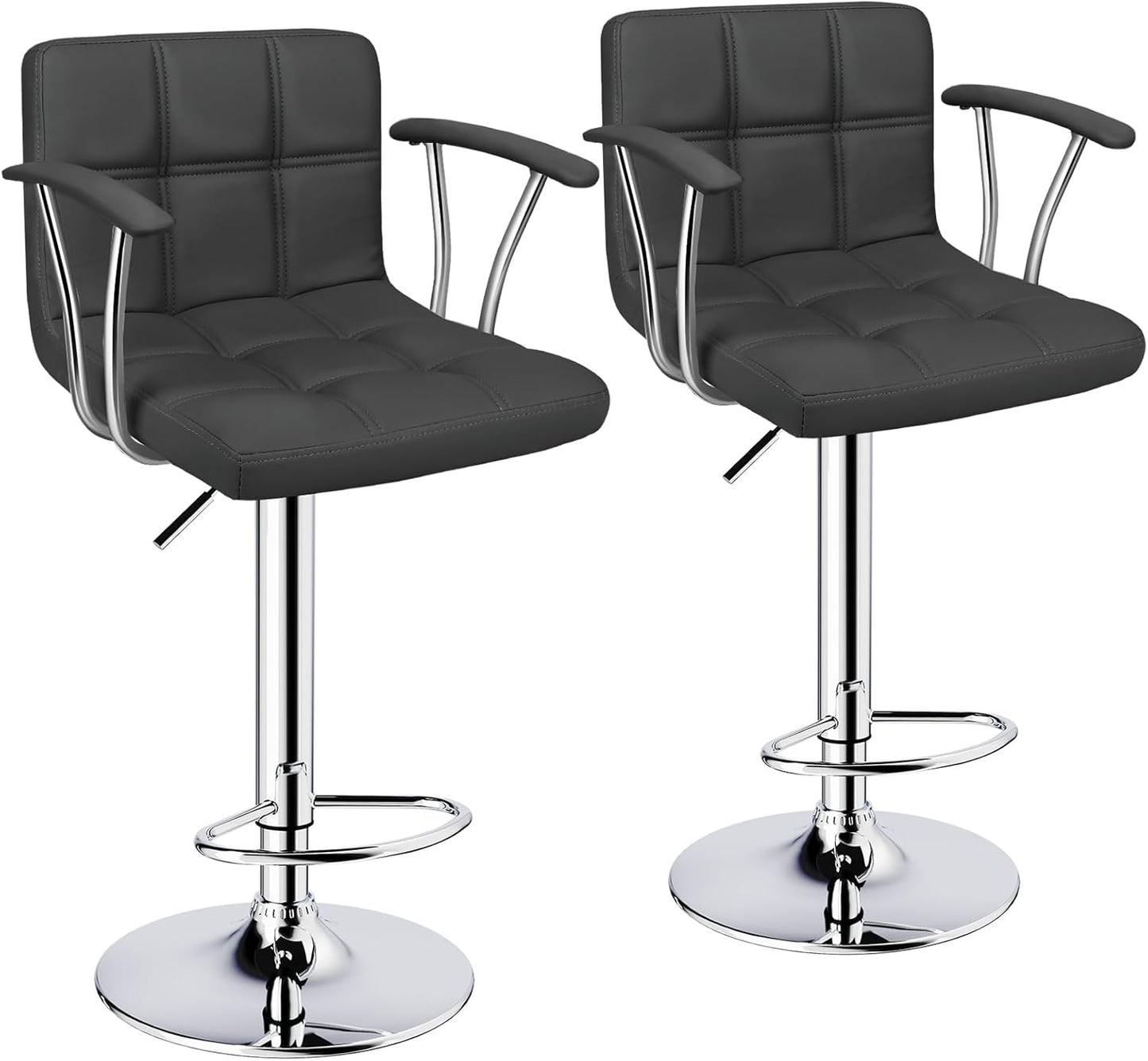 Bar Stools Set of 2,Armrest Adjustable Swivel Barstools with Back,Double Needle PU Leather Counter Height Bar Stools for Kitchen Island, Grey