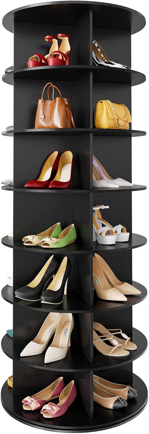 SpaceAid 7 Tier Rotating Shoe Rack Tower, Spinning Shoe Display Lazy Susan, Revolving 360 Shoe Rack Storage Round Carousel, Vertical Handbag Rotate Shoes Closet Organization (7-Tier Black)
