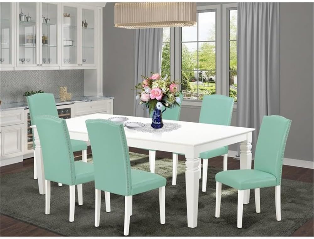 East West Furniture LGEN7-LWH-57 7 Piece Modern Dining Table Set Consist of a Rectangle Wooden Table with Butterfly Leaf and 6 Pond Faux Leather Parson Dining Chairs, 42x84 Inch, Linen White