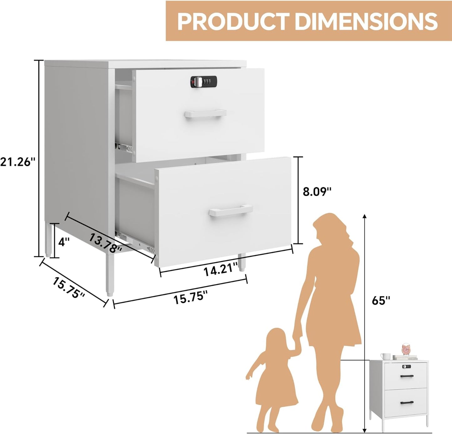 Nightstand,2 Drawer Metal Locker End Table Lockable Bedside Table Storage Cabinet for Bedroom, Dorm, 21.26”H X 15.75”W X 15.75”D (2 Drawer, White)