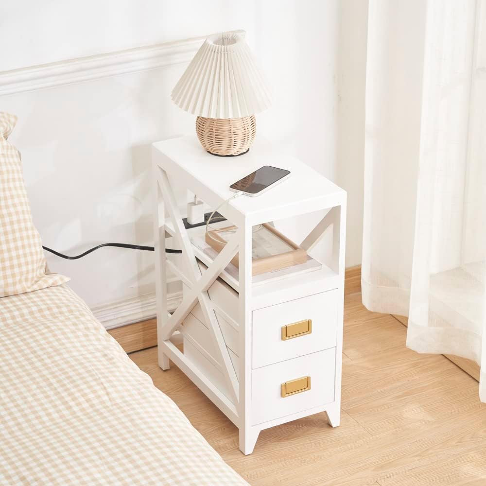 Fully Assembled Narrow Side Table with Charging Station, No Assembly Narrow Nightstand with USB Ports, Pre Assembled Skinny End Table with Outlets for Living Room, Bedroom-White