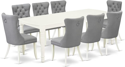 East West Furniture DODA9-LWH-27 9 Piece Modern Dining Table Set Includes a Rectangle Kitchen Table with Butterfly Leaf and 8 Polyester Fabric Upholstered Chairs, 42x78 Inch, Linen White