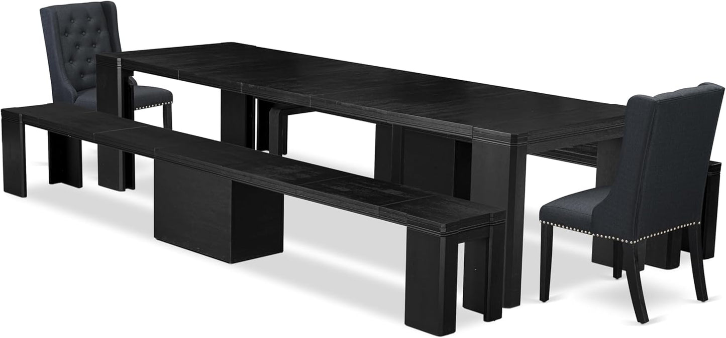 X02FO-206-24 - 5-piece Modern Dining Table Set a Rectangular Dining Table and 2 wooden Benches and 2 Black Linen Fabric kitchen Chair, 39x120 Inch, Wire Brushed Black