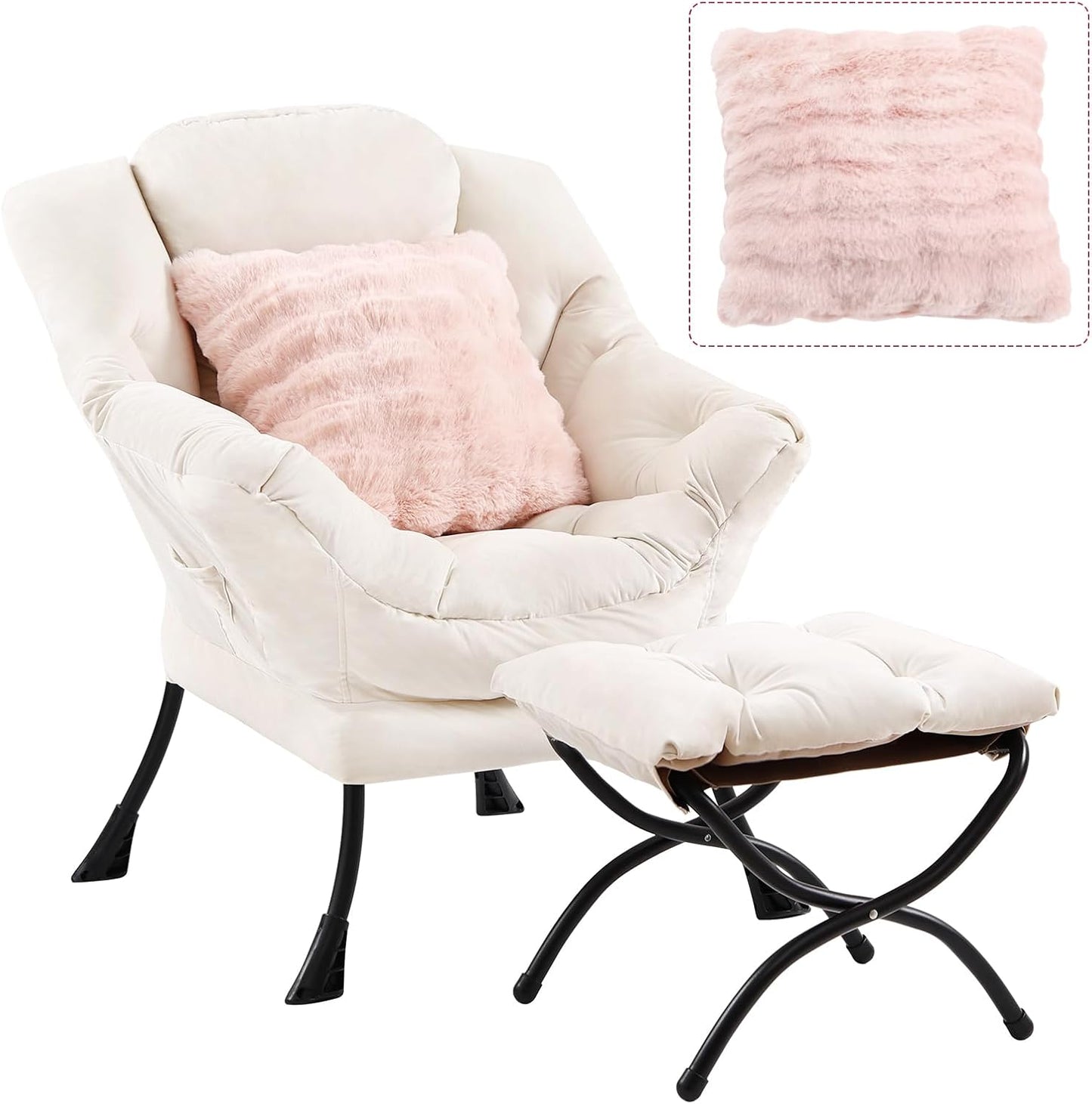 Lazy Chair with Ottoman, Modern Lounge Accent Chair with Armrests and a Throw Pillow, Leisure Sofa Chair Set, Reading Chair with Footrest for Living Room, Bedroom, Dorm Room, Office, Beige