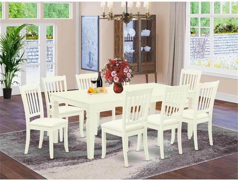 East West Furniture LGDA9-LWH-C 9 Piece Dining Table Set Includes a Rectangle Dinner Table with Butterfly Leaf and 8 Linen Fabric Dining Room Chairs, 42x84 Inch, Linen White