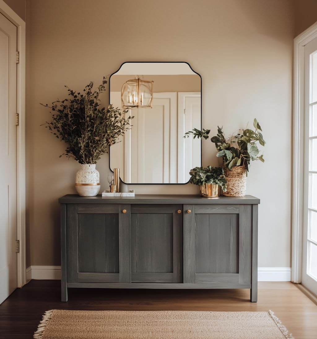 ANDY STAR Unique Rectangle Wall Mirror, 24"x32" Black Mirror, Modern Mirror with Aesthetic Scalloped Edge Design Ideal for Bathroom, Bedroom or Entryway, Thin Frame Deep 1’’