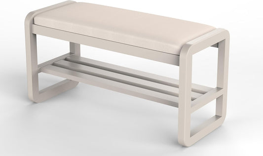 Solid Wood Shoe Rack, 2 Tier Shoe Storage Bench with Cushion Seat, 10 Pair Shoe Organizer for Entryway, White, 39 Inch