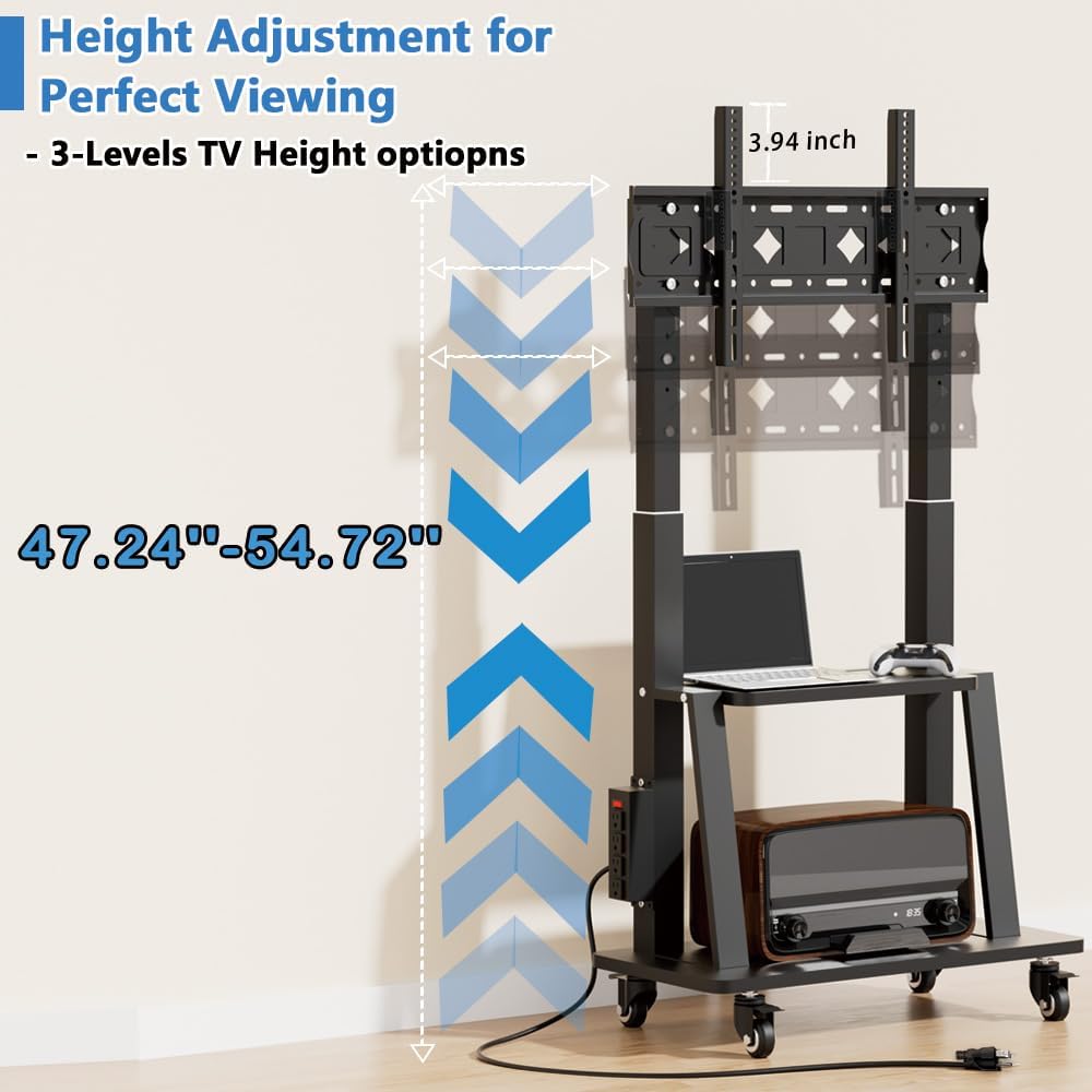 Mobile TV Cart with Power Outlet, Rolling TV Stand on Wheels for 32 to 65 70 75 83 inch TV, Height Adjustable,Holds up to 130LBS, Vesa 600×400mm.