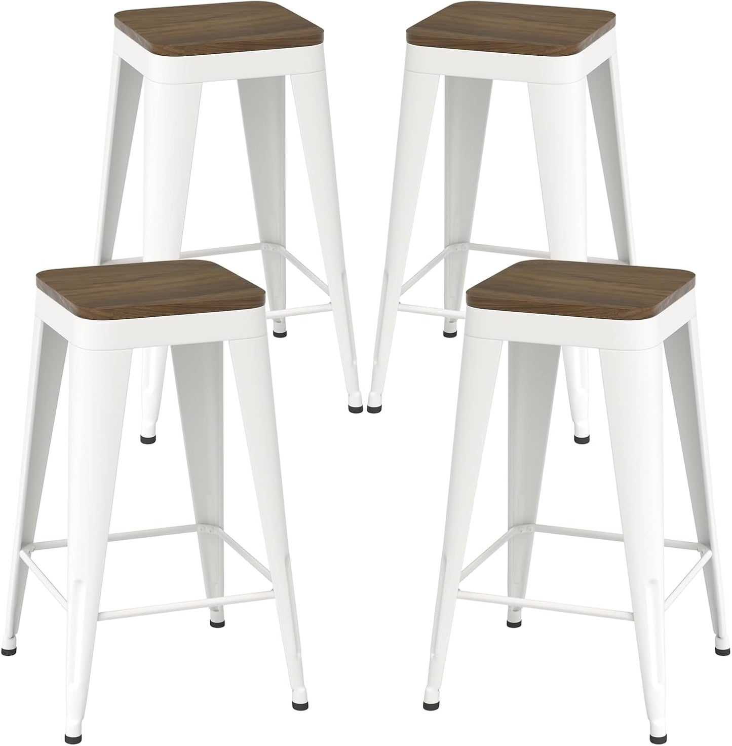 30 inch Backless Bar Stools Set of 4, Indoor Metal Bar Stools with Wood Seat, Industrial Counter Height Barstools for Kitchen Island, White