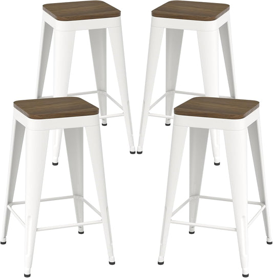 30 inch Backless Bar Stools Set of 4, Indoor Metal Bar Stools with Wood Seat, Industrial Counter Height Barstools for Kitchen Island, White