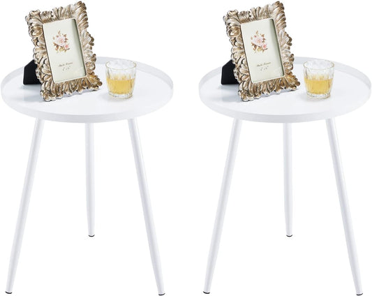 Apicizon 16" Round Side Table Set of 2, White Metal End Table for Living Room, Bedside, Mid Century Modern Coffee Table or Circle Accent Table for Small Spaces, White