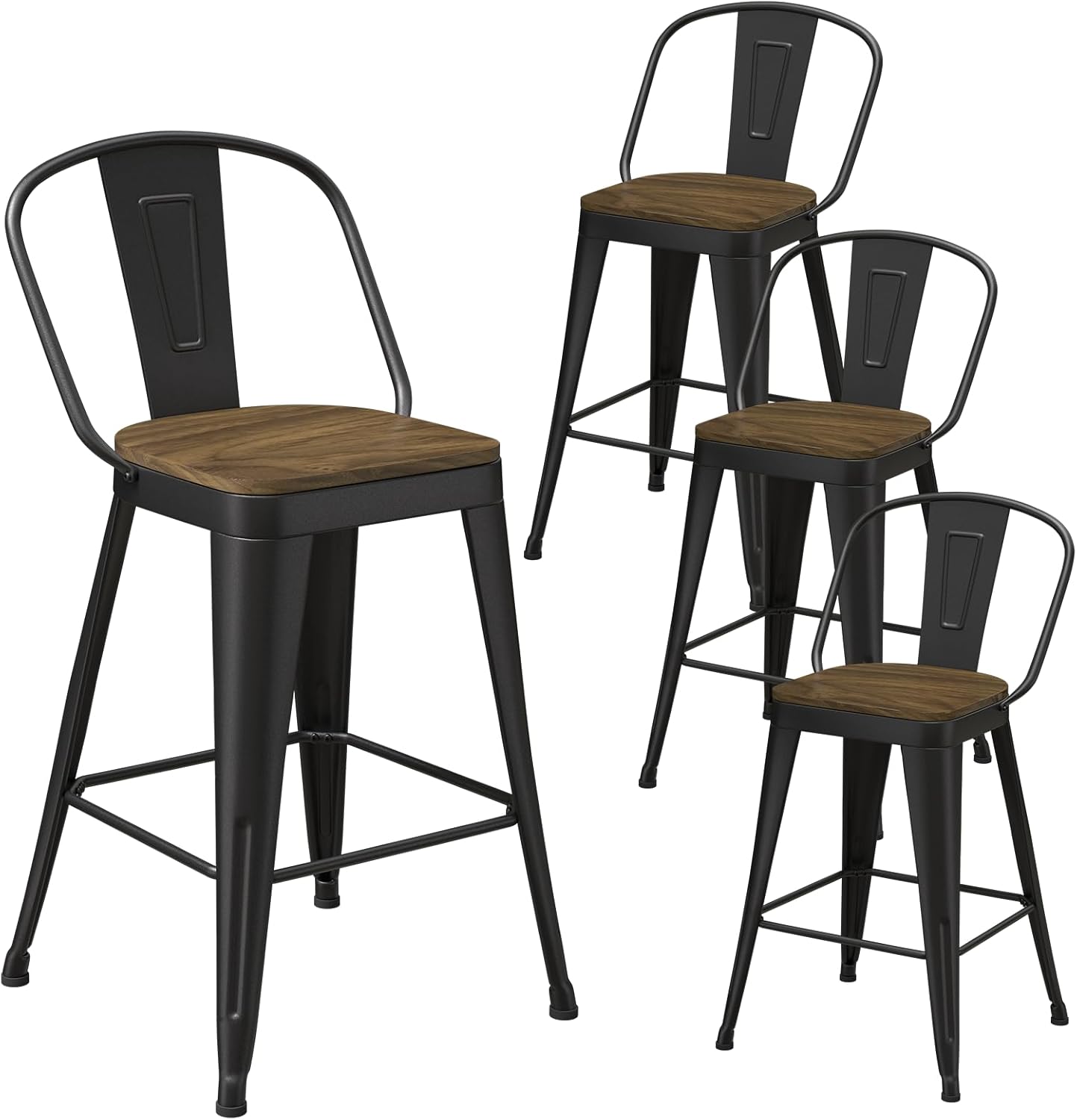 Metal Bar Stools Set of 4, High Back Bar Stools with Wooden Seat, 24 inch Black Barstools for Kitchen Island