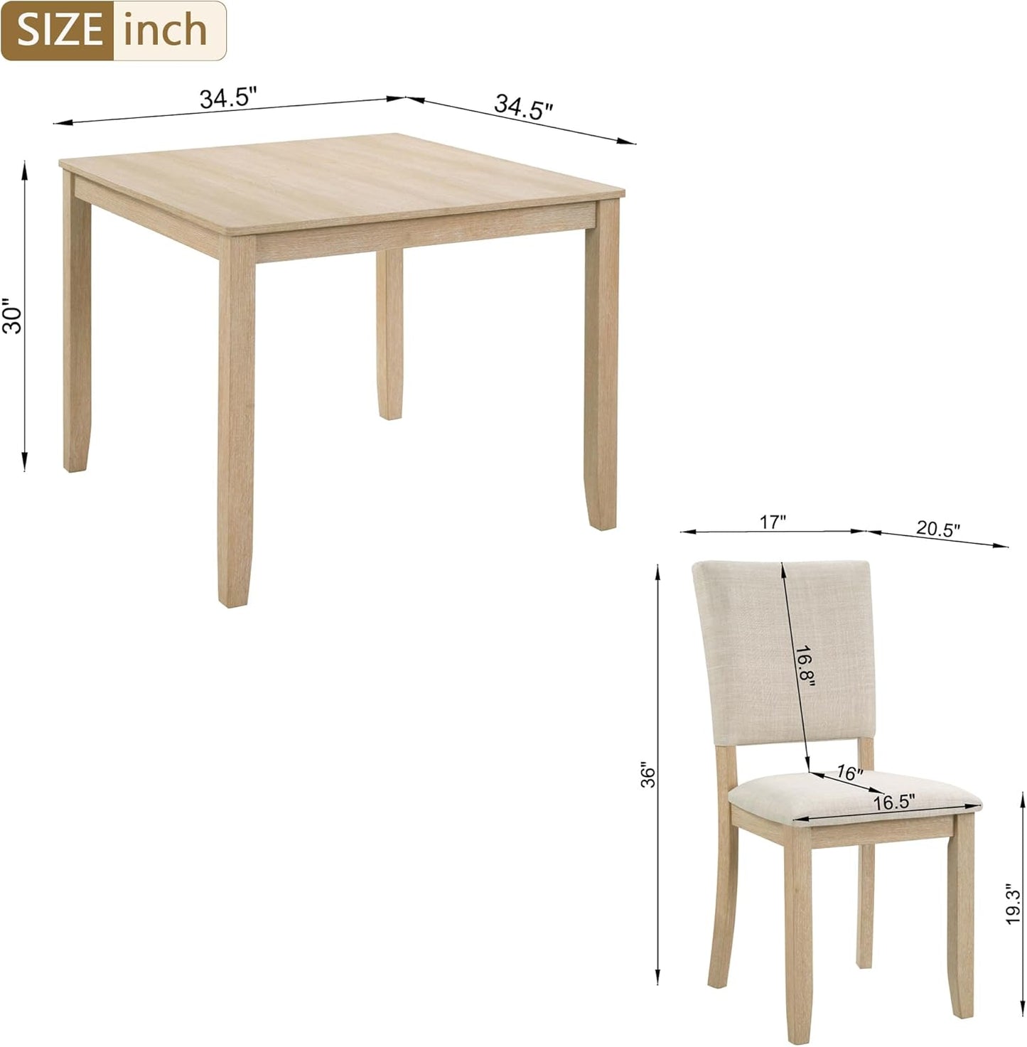 Ball & Cast 5 Piece Dining Table Set with 4 Upholstered Chairs,Wooden Living Room Furniture W/ 34.5" Square Kitchen Desk & Backrest Chair,for Small Space,Dining Room,Liaght Oak & Beige